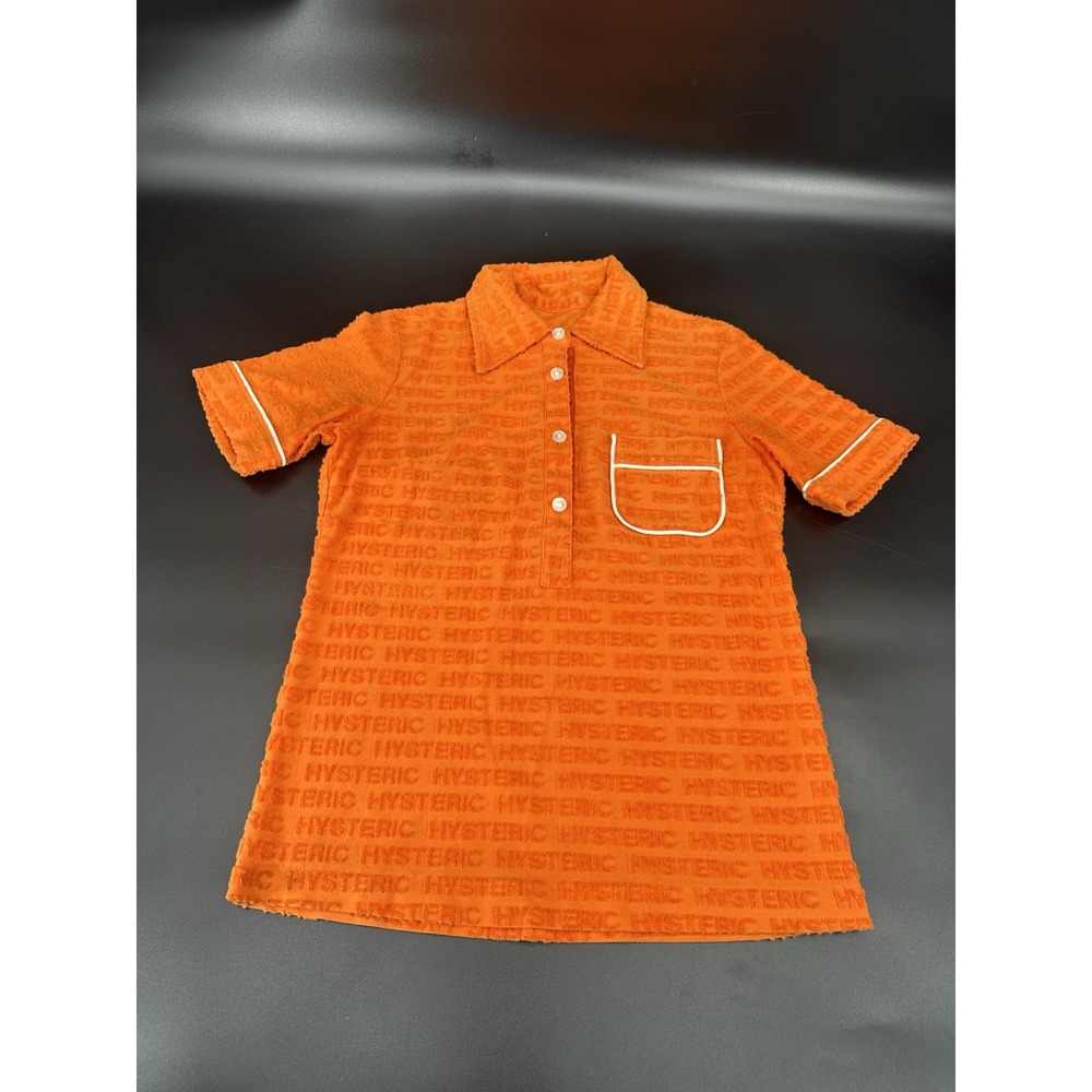VTG 90s Hysteric Glamour Logo All Over Print Terry Orange Polo Shirt Top Tee